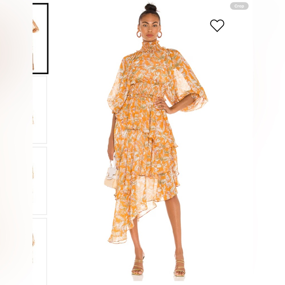 Elliatt Yellow Floral Asymmetrical Ruffled High‑Neck Dress